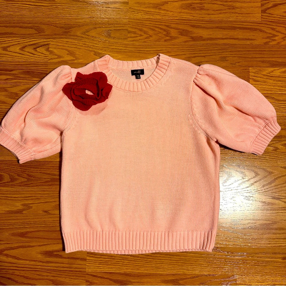 On Twelfth Pink short Sleeve Sweater top with Red Flower Accent size L